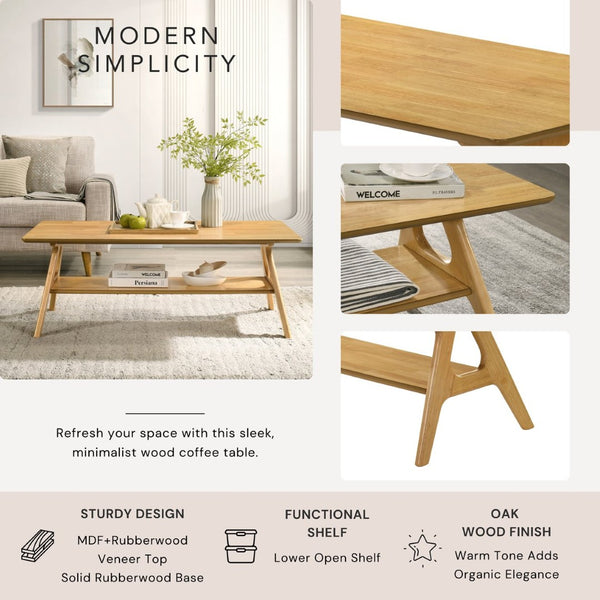 English Elm Arona Mid-century Okume Veneer Coffee Table with Open Shelf for Living Room Oak T2574P510868