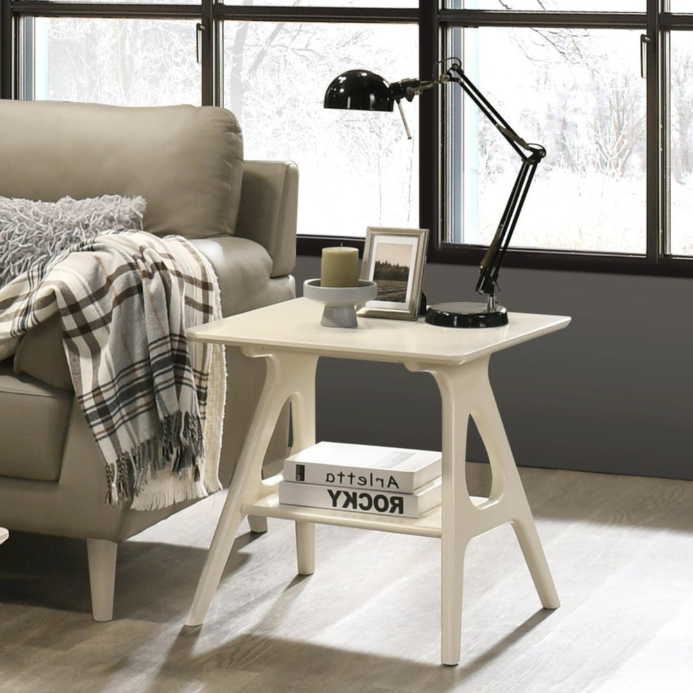 English Elm Arona Mid-century Modern Rubberwood End Table with Open Shelf for Living Room Off White T2574P516485