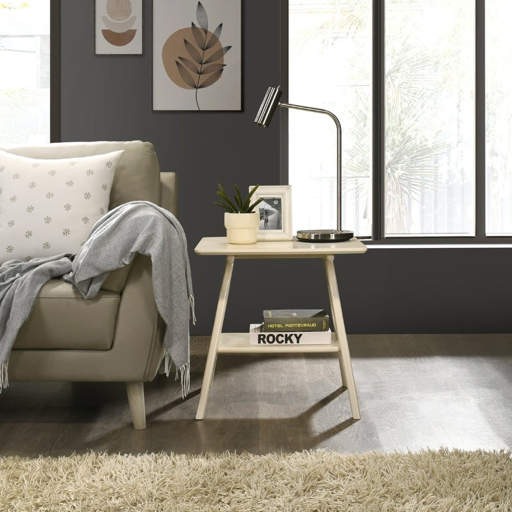 English Elm Arona Mid-century Modern Rubberwood End Table with Open Shelf for Living Room Off White T2574P516485