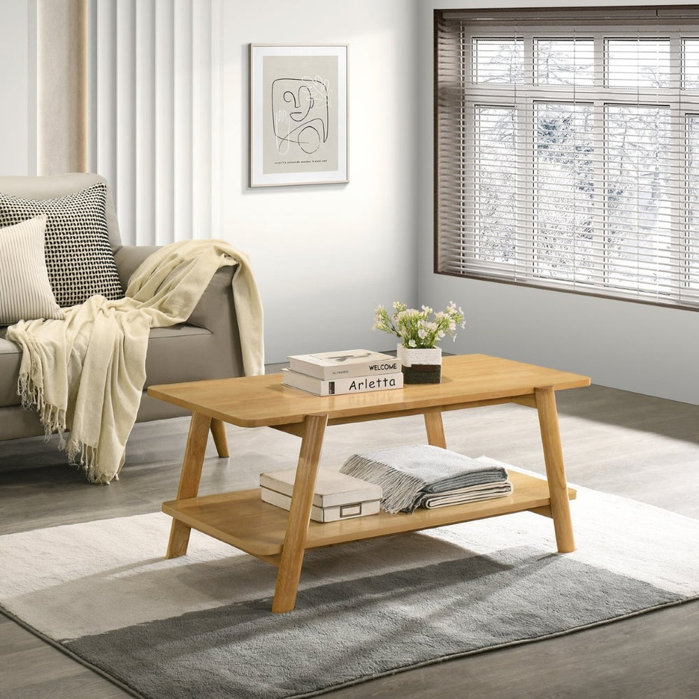 English Elm Metz Mid-Century Coffee Table with Lower Shelf Okume Veneer Top and Oak Finish T2574P516486