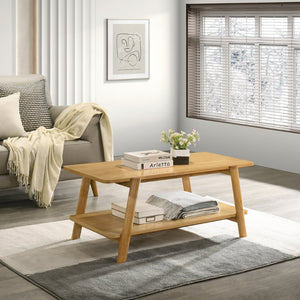 English Elm Metz Mid-Century Coffee Table with Lower Shelf Okume Veneer Top and Oak Finish T2574P516486