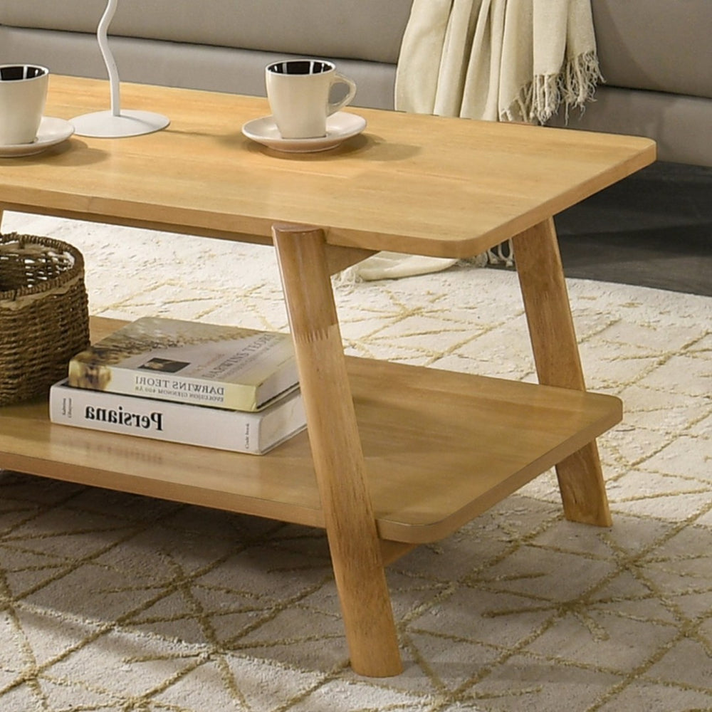 English Elm Metz Mid-Century Coffee Table with Lower Shelf Okume Veneer Top and Oak Finish T2574P516486
