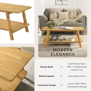 English Elm Metz Mid-Century Coffee Table with Lower Shelf Okume Veneer Top and Oak Finish T2574P516486