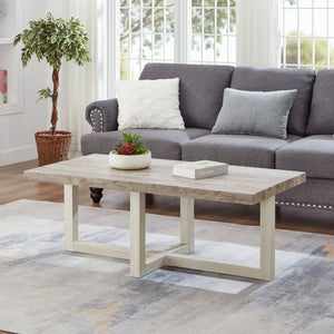 English Elm Luno Rectangular Coffee Table with Geometric Cross Base for Modern Living Rooms Weathered Gray and Beige T2574P516487