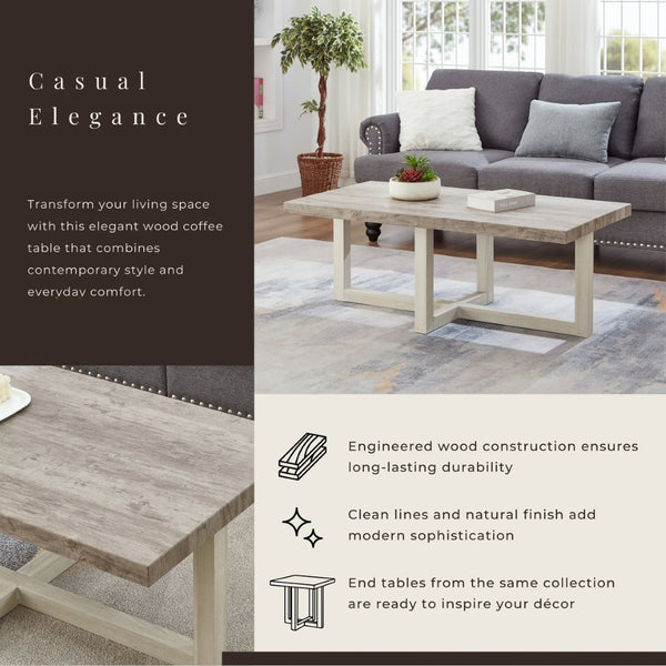 English Elm Luno Rectangular Coffee Table with Geometric Cross Base for Modern Living Rooms Weathered Gray and Beige T2574P516487
