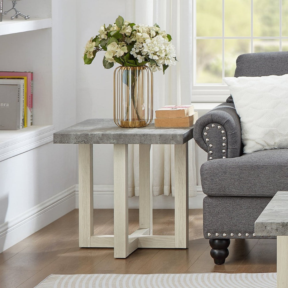 English Elm Luno Contemporary Geometric End Table with Architectural Base for Living Room Decor Faux Concrete and White T2574P516493