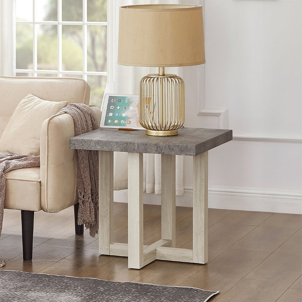 English Elm Luno Contemporary Geometric End Table with Architectural Base for Living Room Decor Faux Concrete and White T2574P516493