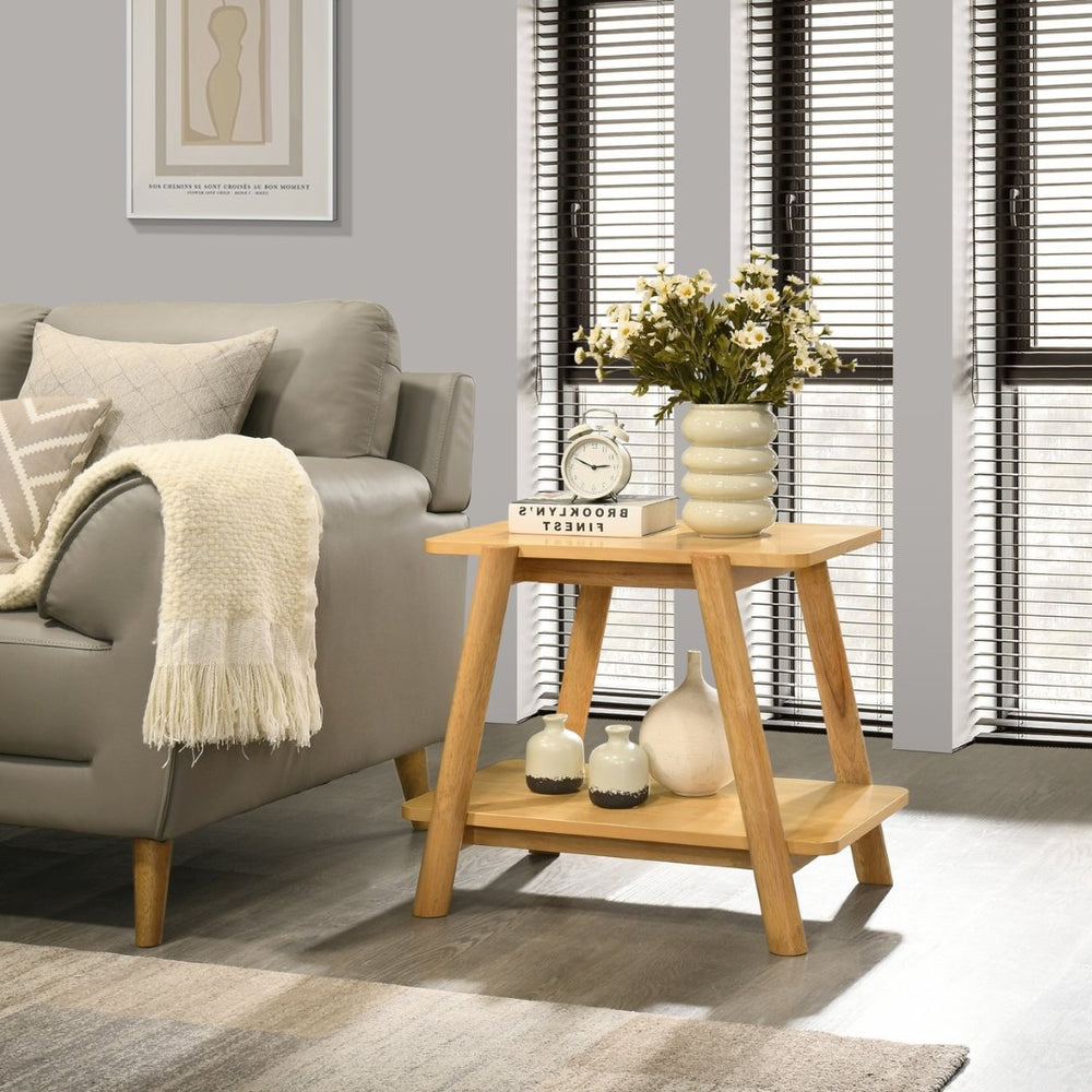 English Elm Metz Mid-century Oak Veneer End Table with Open Shelf and Sculptural Round Legs T2574P516495