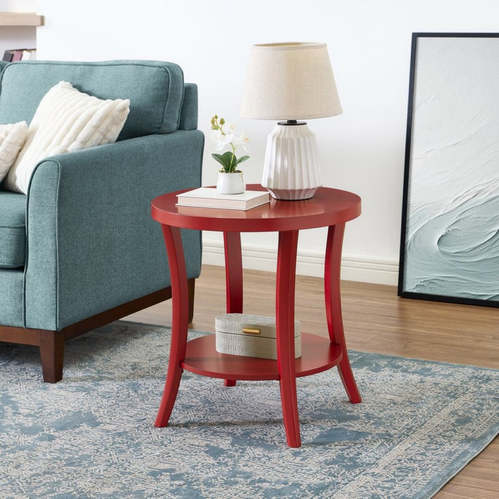 English Elm Perth Round Two Tier Birch Wood End Table with Curved Legs for Contemporary Living Red T2574P519682