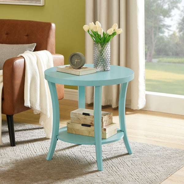 English Elm Perth Round Two Tier Birch Wood End Table with Curved Legs for Contemporary Living Teal T2574P519683