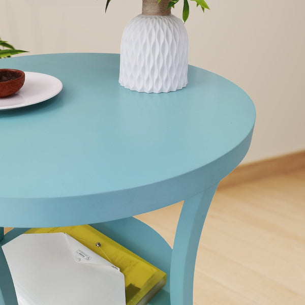 English Elm Perth Round Two Tier Birch Wood End Table with Curved Legs for Contemporary Living Teal T2574P519683