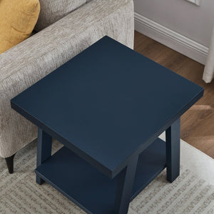 English Elm Athens Sawhorse End Table with Open Shelf for Living Room or Reading Nook Navy T2574P519689