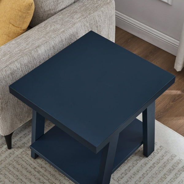English Elm Athens Sawhorse End Table with Open Shelf for Living Room or Reading Nook Navy T2574P519689