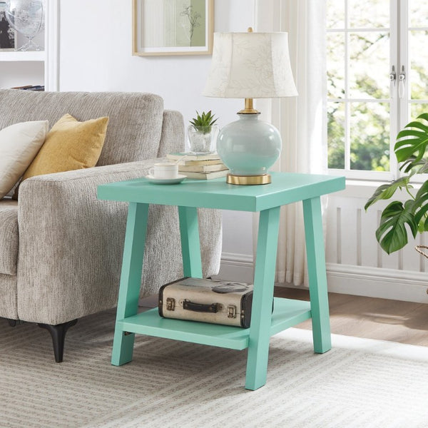 English Elm Athens Sawhorse End Table with Open Shelf for Living Room or Reading Nook Teal T2574P519692