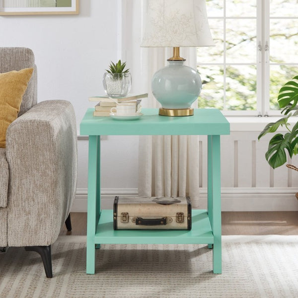 English Elm Athens Sawhorse End Table with Open Shelf for Living Room or Reading Nook Teal T2574P519692