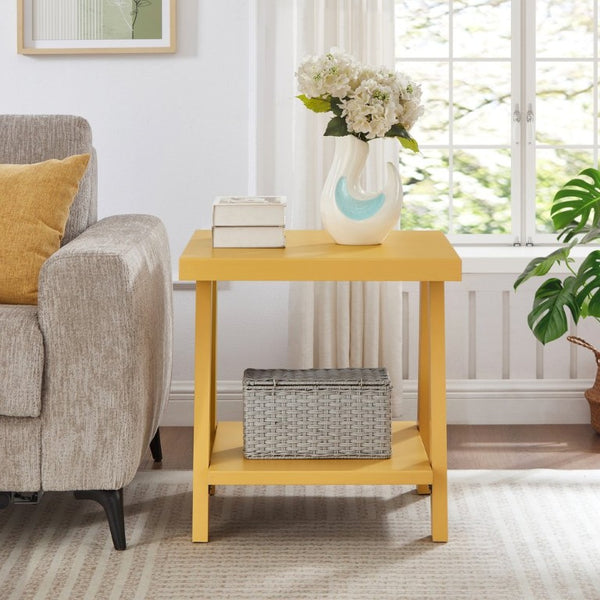English Elm Athens Sawhorse End Table with Open Shelf for Living Room or Reading Nook Yellow T2574P519693