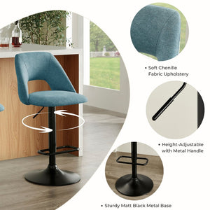 English Elm Nuvia Chenille Upholstered Swivel Barstools with Adjustable Height Set of 2 Blue T2574P526985