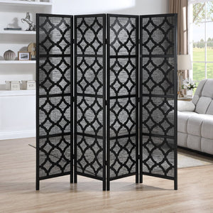 English Elm Quarterfoil Geometric Lattice Four Panel Folding Screen Pine Wood Matte Black Finish T2574P527002