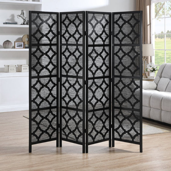 English Elm Quarterfoil Geometric Lattice Four Panel Folding Screen Pine Wood Matte Black Finish T2574P527002