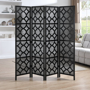 English Elm Quarterfoil Geometric Lattice Four Panel Folding Screen Pine Wood Matte Black Finish T2574P527002