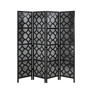 English Elm Quarterfoil Geometric Lattice Four Panel Folding Screen Pine Wood Matte Black Finish T2574P527002