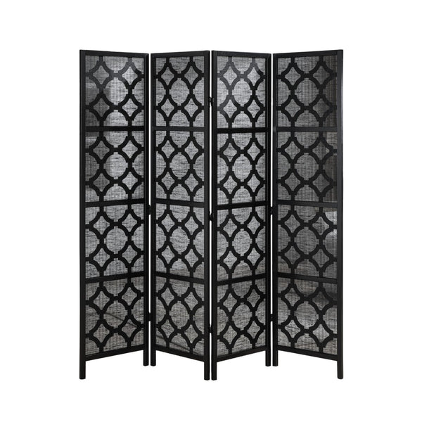 English Elm Quarterfoil Geometric Lattice Four Panel Folding Screen Pine Wood Matte Black Finish T2574P527002