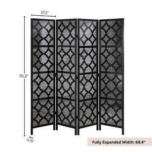 English Elm Quarterfoil Geometric Lattice Four Panel Folding Screen Pine Wood Matte Black Finish T2574P527002