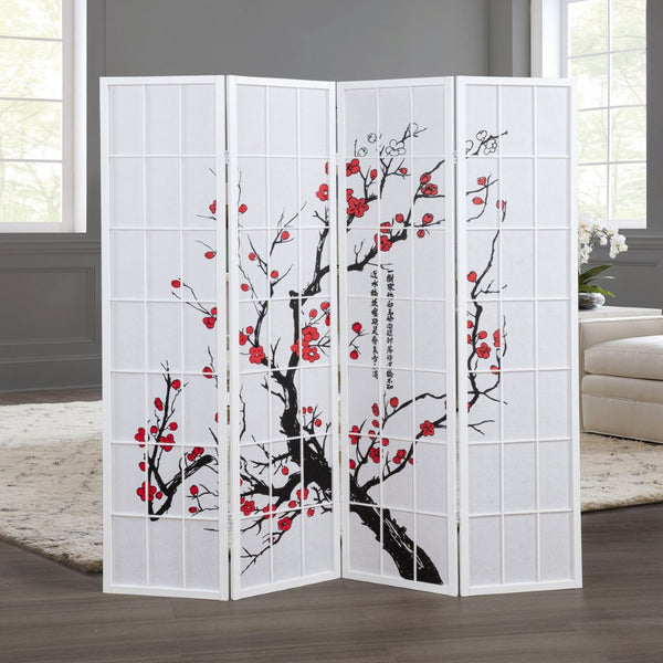 English Elm Elandra Four Panel Freestanding Privacy Screen with Plum Blossom Fabric Art Print T2574P527003