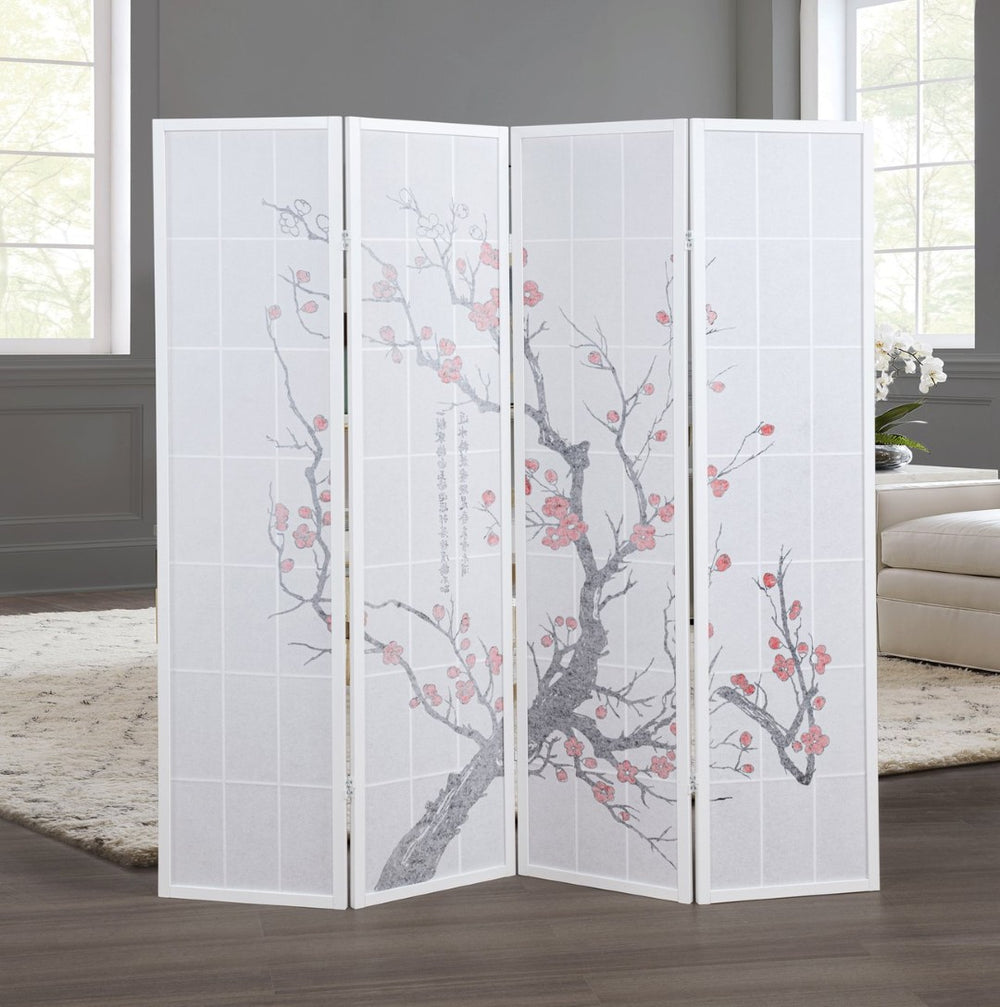 English Elm Elandra Four Panel Freestanding Privacy Screen with Plum Blossom Fabric Art Print T2574P527003