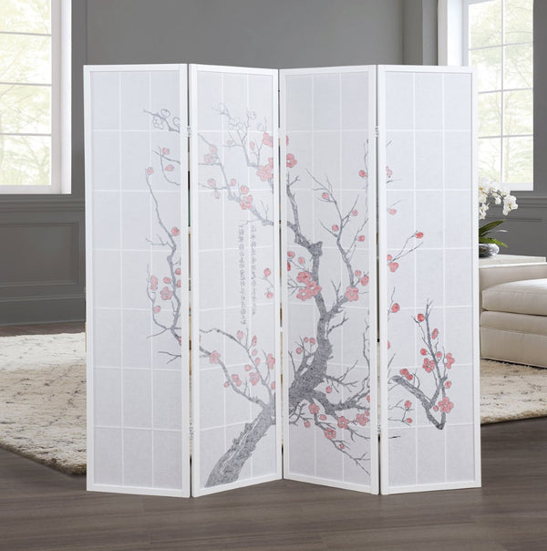 English Elm Elandra Four Panel Freestanding Privacy Screen with Plum Blossom Fabric Art Print T2574P527003