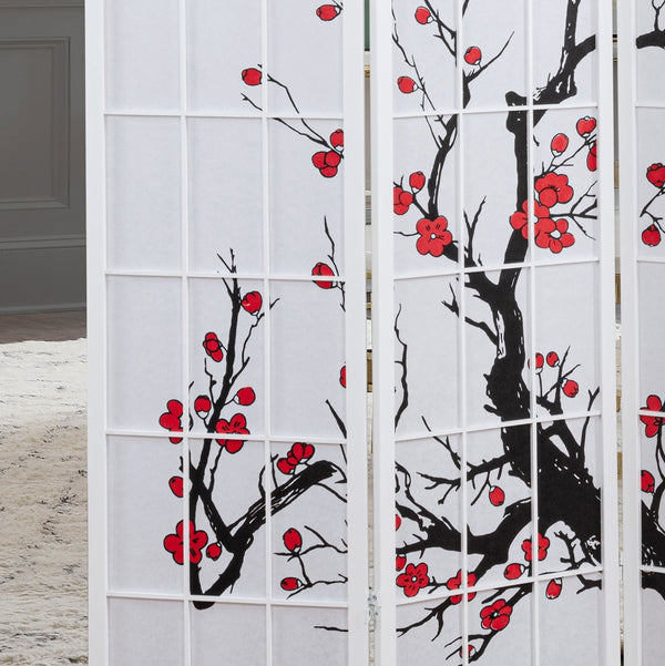 English Elm Elandra Four Panel Freestanding Privacy Screen with Plum Blossom Fabric Art Print T2574P527003