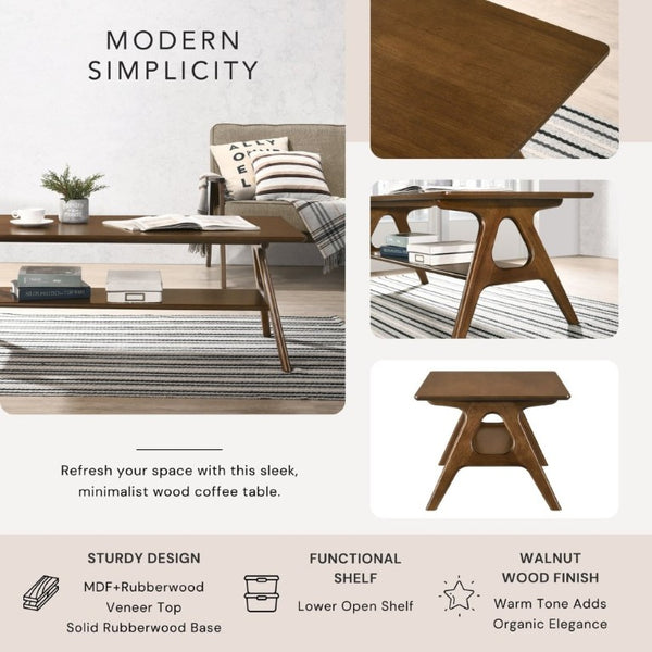English Elm Arona Mid-Century Walnut Tone Coffee Table with Open Shelf for Modern Living Rooms T2574P531368