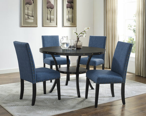 English Elm Biony Round Espresso Dining Table Set with Nailhead Upholstered Chairs for Four Black + Blue T2574S00005