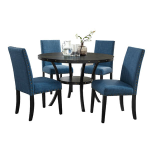 English Elm Biony Round Espresso Dining Table Set with Nailhead Upholstered Chairs for Four Black + Blue T2574S00005
