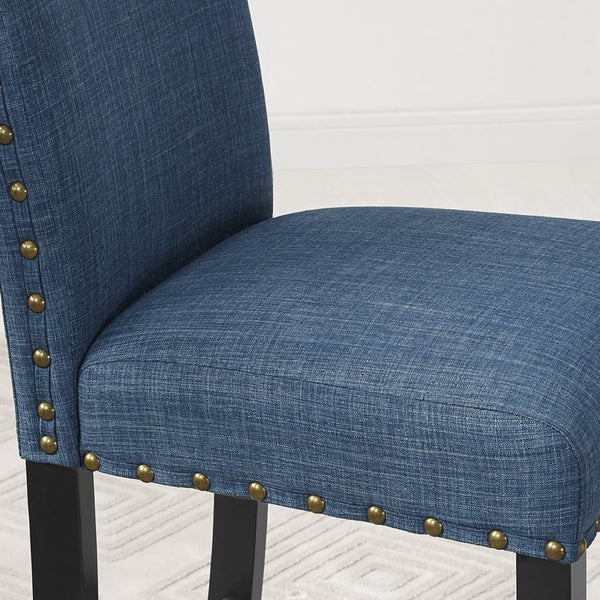 English Elm Biony Round Espresso Dining Table Set with Nailhead Upholstered Chairs for Four Black + Blue T2574S00005