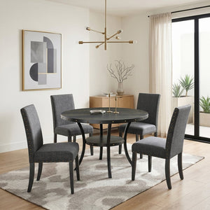 English Elm Biony Round Espresso Dining Table Set with Nailhead Upholstered Chairs for Four Black + Gray T2574S00006