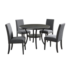 English Elm Biony Round Espresso Dining Table Set with Nailhead Upholstered Chairs for Four Black + Gray T2574S00006