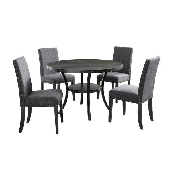 English Elm Biony Round Espresso Dining Table Set with Nailhead Upholstered Chairs for Four Black + Gray T2574S00006