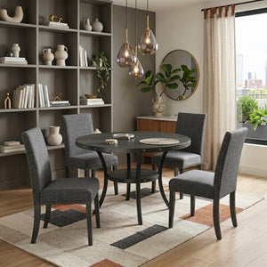 English Elm Biony Round Espresso Dining Table Set with Nailhead Upholstered Chairs for Four Black + Gray T2574S00006