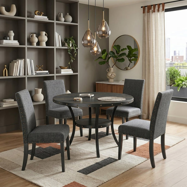 English Elm Biony Round Espresso Dining Table Set with Nailhead Upholstered Chairs for Four Black + Gray T2574S00006