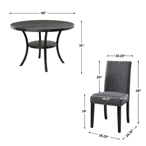 English Elm Biony Round Espresso Dining Table Set with Nailhead Upholstered Chairs for Four Black + Gray T2574S00006