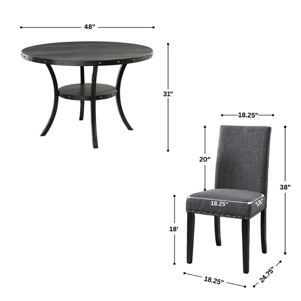English Elm Biony Round Espresso Dining Table Set with Nailhead Upholstered Chairs for Four Black + Gray T2574S00006