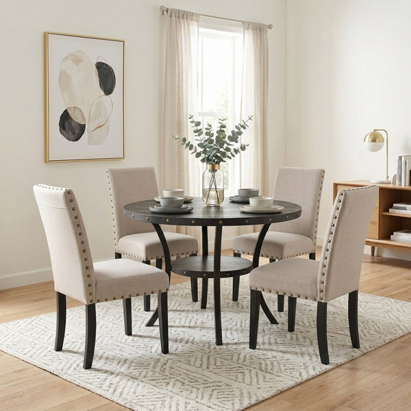English Elm Biony Round Espresso Dining Table Set with Nailhead Upholstered Chairs for Four Tan T2574S00008