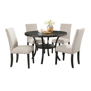 English Elm Biony Round Espresso Dining Table Set with Nailhead Upholstered Chairs for Four Tan T2574S00008