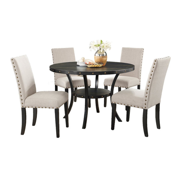 English Elm Biony Round Espresso Dining Table Set with Nailhead Upholstered Chairs for Four Tan T2574S00008