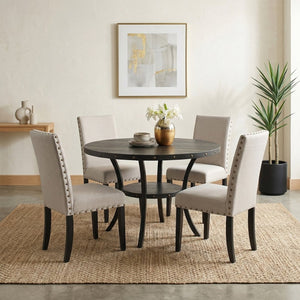 English Elm Biony Round Espresso Dining Table Set with Nailhead Upholstered Chairs for Four Tan T2574S00008