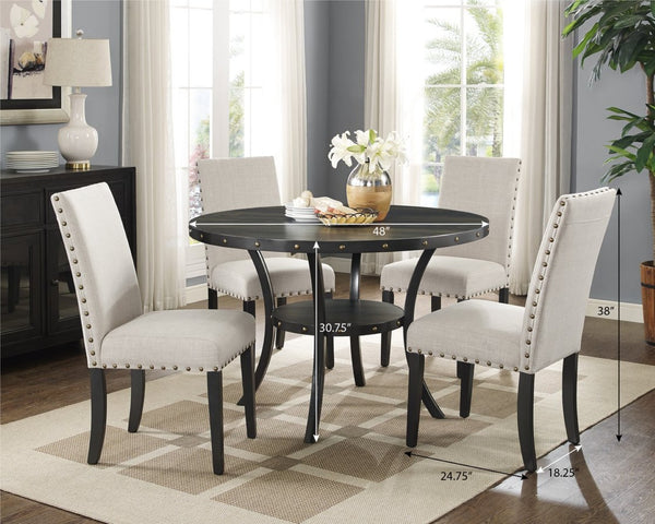 English Elm Biony Round Espresso Dining Table Set with Nailhead Upholstered Chairs for Four Tan T2574S00008