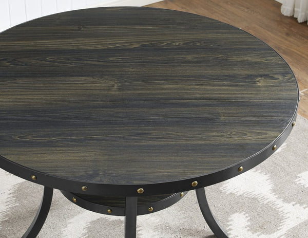 English Elm Biony Round Espresso Dining Table Set with Nailhead Upholstered Chairs for Four Tan T2574S00008