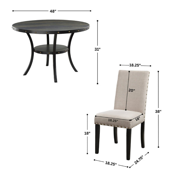 English Elm Biony Round Espresso Dining Table Set with Nailhead Upholstered Chairs for Four Tan T2574S00008