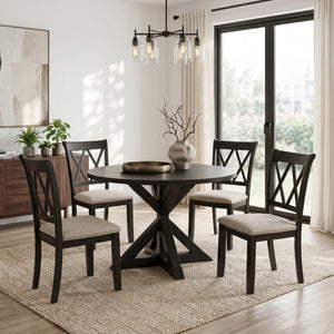 English Elm Indvale Round Pedestal Dining Set Seats Four with Cross-buck Base and Chenille Chairs T2574S00012